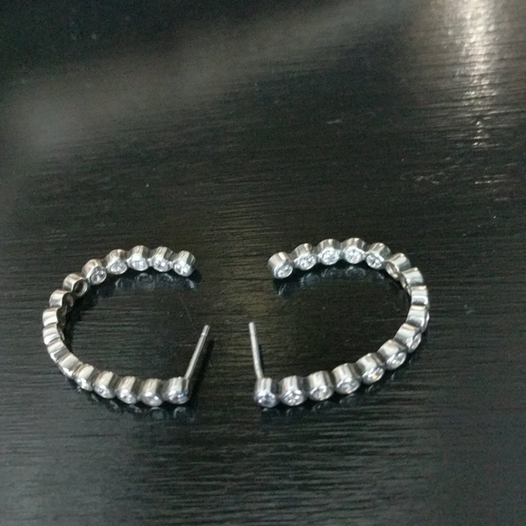 STERLING SILVER Cubic Zirconia Semi Hoop Earrings - Picture 5 of 8